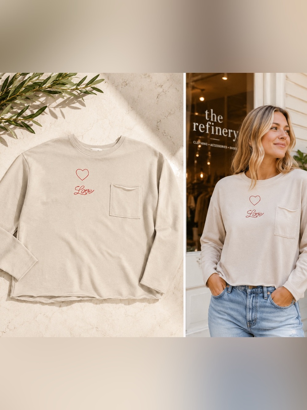 THE NU VINTAGE - Soft Beige Crewneck embroidered sweatshirt love Top NWT